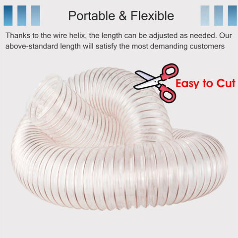 Rock Solid Flexible Workshop Dust Collection Hose For Shop Vacuums And Woodworking Gear, flexible clear tube, adjustable length, easy to cut.