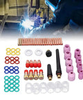 Premium TIG Welding Torch Kit With Gas Lens Type 10 Glass Ceramic Cup And Copper Accessories Designed For WP17 WP18 WP26 Argon Arc Guns parts set, colorful tungsten cups and copper nozzles.