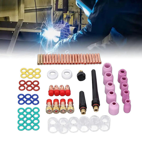 Premium TIG Welding Torch Kit With Gas Lens Type 10 Glass Ceramic Cup And Copper Accessories Designed For WP17 WP18 WP26 Argon Arc Guns parts set, colorful tungsten cups and copper nozzles.