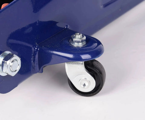 Close-up of caster wheel of 2 Ton Hydraulic Floor Jack with 4000 Lb Lift Capacity, blue steel construction, ideal for home garage use.