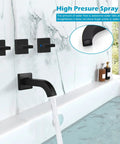Three Handle Tub Shower Faucet Set With Rainfall Shower Head, Matte Black Square Wall Mount Trim Kit. Water flowing from tub spout.