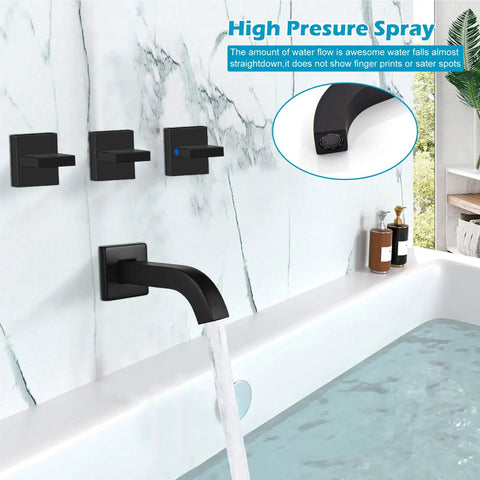 Three Handle Tub Shower Faucet Set With Rainfall Shower Head, Matte Black Square Wall Mount Trim Kit. Water flowing from tub spout.