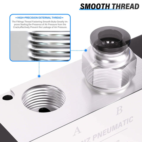 Close-up of a 5 Way 2 Position Hand Pull Pneumatic Valve with 1/4 inch NPT ports, highlighting smooth high-precision external threading.