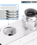 Close-up of 3 Way 2 Position Hand Pull Pneumatic Valve 1/4 NPT with smooth thread detail on durable aluminum body.