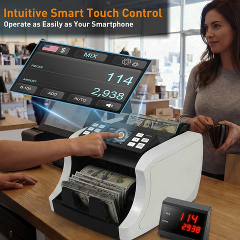 Person using Mixed Denomination Money Counter Machine For Small Biz And Retail with display on office cash desk.