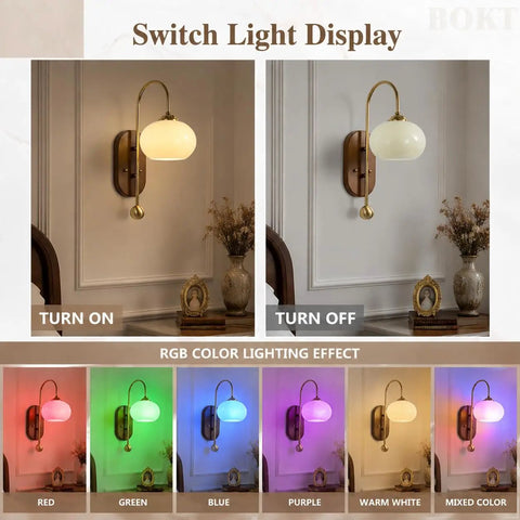 BOKT Battery Operated Light Wall Sconce 2 Pack Wireless Vintage Wall Light showing on and off states and RGB lighting effects.