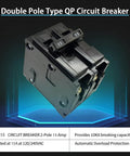 15 Amp 2 Pole Plug In Circuit Breaker 10 Ka Breaking Capacity 120 240 Volt Thermal Magnetic Trip Dual Pole Replacement Fuse visible from side view