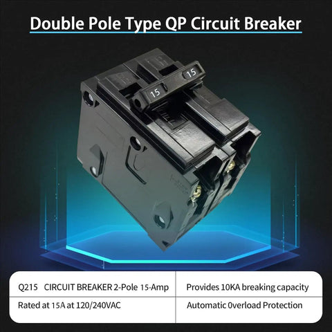 15 Amp 2 Pole Plug In Circuit Breaker 10 Ka Breaking Capacity 120 240 Volt Thermal Magnetic Trip Dual Pole Replacement Fuse visible from side view