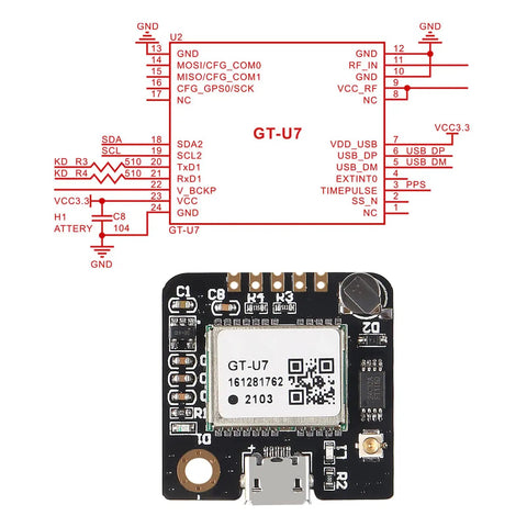 Close-up of GT-U7 GPS module with schematic, part of Two Pack GPS Module GT-U7 Compatible With NEO-6M And STM32 Microcontrollers.