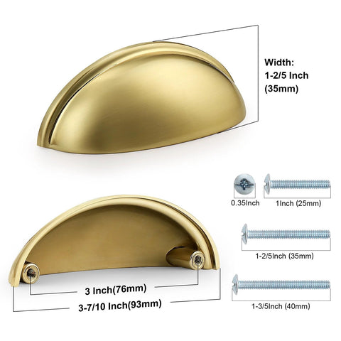 Diagram of a 5 Pack Champagne Bronze Cabinet Pulls 3 Inch Hole Centers 76mm Bin Cup Drawer Pulls showing dimensions and screws