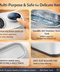 Ultrasonic Jewelry Cleaner Delivers Knockout Deep Clean With 48KHz Waves 440Ml Tank Smart Touch Controls Stainless Steel Basin for delicate items.