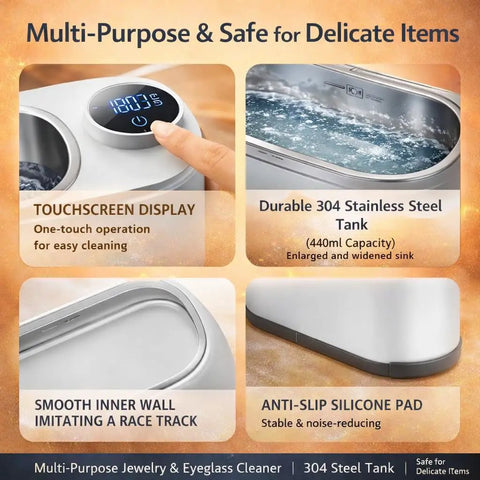 Ultrasonic Jewelry Cleaner Delivers Knockout Deep Clean With 48KHz Waves 440Ml Tank Smart Touch Controls Stainless Steel Basin for delicate items.