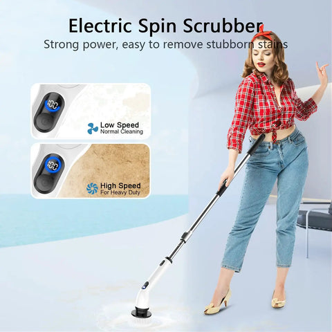 Electric Spin Scrubber Cordless With Full Body IPX7 Waterproof Design shown with LCD display and adjustable handle in use