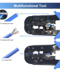 All In One Network And Telephone Crimp Tool For RJ45 RJ11 RJ12 RJ22 Cables showing cutting and stripping functions with comfort grip.