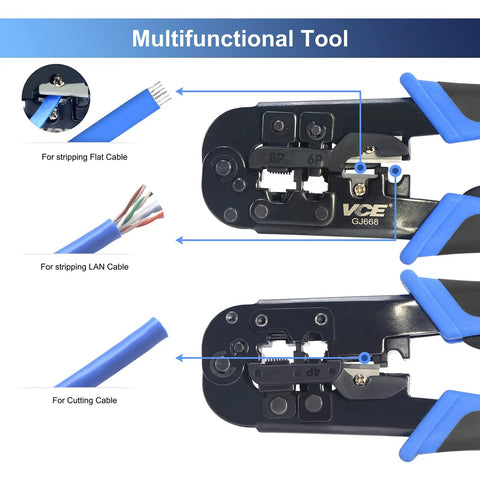 All In One Network And Telephone Crimp Tool For RJ45 RJ11 RJ12 RJ22 Cables showing cutting and stripping functions with comfort grip.