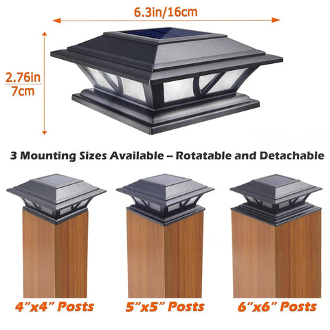 Upgrade Your Lawn With These Dang Bright Solar Post Cap Lights on 4x4, 5x5, and 6x6 posts, showcasing mounting sizes and details.