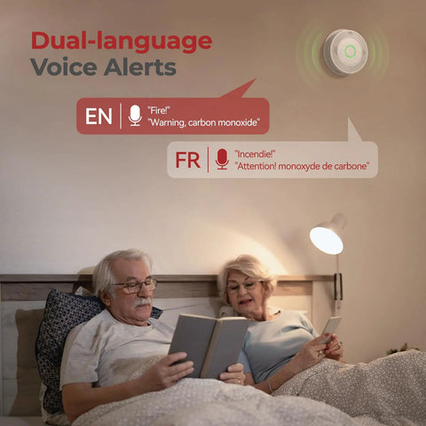 Hardwired Smoke And Carbon Monoxide Alarm With Battery Backup Smart Dual Sensor Guard showing dual-language voice alerts feature.