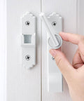 Two Pack 180 Degree Barn Door Lock With Handle in use, featuring heavy duty flip gate latch for sliding doors, shown on white door