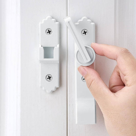 Two Pack 180 Degree Barn Door Lock With Handle in use, featuring heavy duty flip gate latch for sliding doors, shown on white door