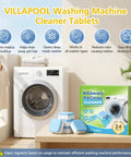 Skip The Hassle Washing Machine Cleaner Tablets For He Front And Top Load Washers displayed beside a washing machine.