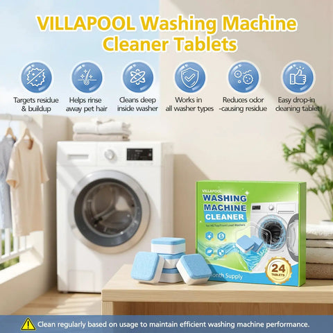 Skip The Hassle Washing Machine Cleaner Tablets For He Front And Top Load Washers displayed beside a washing machine.