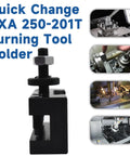 Oversize BXA 250-201T Turning Tool Holder for CNC Lathes featuring quick-change functionality, shown in machine setup.