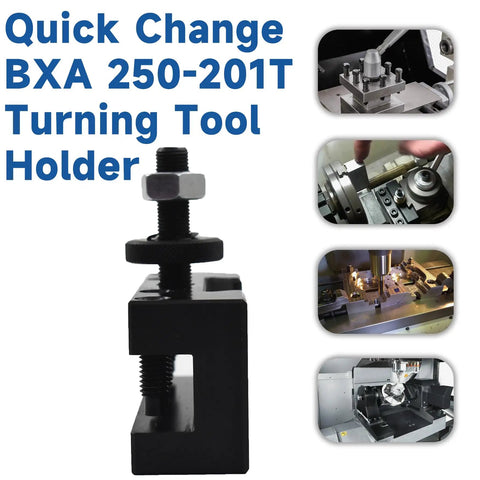 Oversize BXA 250-201T Turning Tool Holder for CNC Lathes featuring quick-change functionality, shown in machine setup.