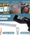 Heavy Duty Electric Hydraulic 8 Ton Battery Cable Crimping Tool With Nine Fast Swap Dies for connecting copper and aluminum terminals.