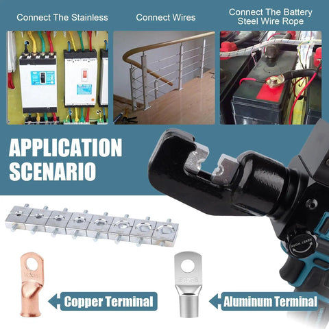 Heavy Duty Electric Hydraulic 8 Ton Battery Cable Crimping Tool With Nine Fast Swap Dies for connecting copper and aluminum terminals.