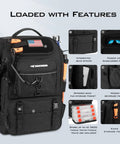 Go To Fishing Tackle Backpack With Rod Holder And 4 Tackle Boxes, black, showing multiple storage pockets and features