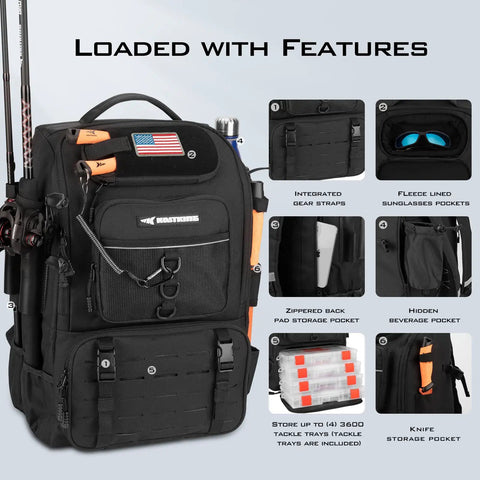 Go To Fishing Tackle Backpack With Rod Holder And 4 Tackle Boxes, black, showing multiple storage pockets and features