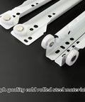 Heavy Duty Metal Drawer Slides For Kitchen Cabinets And Dressers Ultra Smooth Full Extension Roller Glides Rock Solid Cold Rolled Steel Runners No Sweat Setup One Pair White Finish close-up of steel slide runners with wheels.