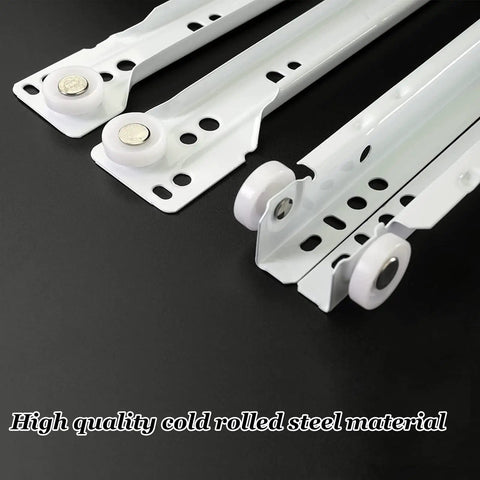 Heavy Duty Metal Drawer Slides For Kitchen Cabinets And Dressers Ultra Smooth Full Extension Roller Glides Rock Solid Cold Rolled Steel Runners No Sweat Setup One Pair White Finish close-up of steel slide runners with wheels.