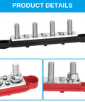 Top Shelf Heavy Duty Bus Bar Power Distribution Block Featuring Thick Tinned Copper Plates And Massive Stud Terminals For Flawless Two Hundred Fifty Amps Twelve Volt Solar Rv Automotive Battery Setup side view showcasing three thick studs and a black base.
