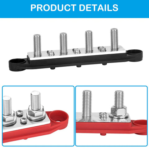 Top Shelf Heavy Duty Bus Bar Power Distribution Block Featuring Thick Tinned Copper Plates And Massive Stud Terminals For Flawless Two Hundred Fifty Amps Twelve Volt Solar Rv Automotive Battery Setup side view showcasing three thick studs and a black base.