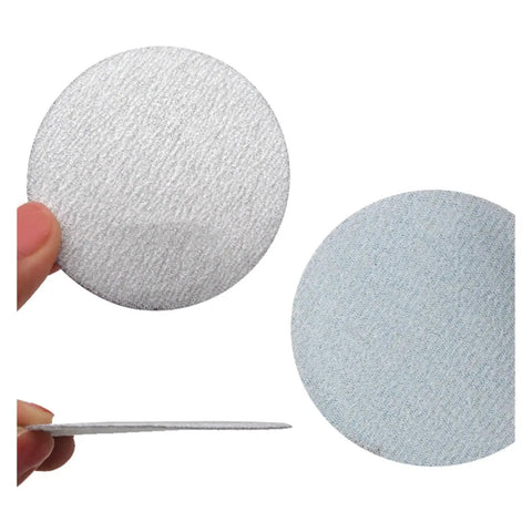 High Grade 100 Pcs 4 Inch Hook And Loop White Sandpaper For Dry Grinding And Polishing With Cool Dust Venting Holes and Peel-And-Switch Backing to Swap Fast No Tools Needed, showing the textured surface.
