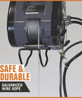 Bannon Compact Electric Cable Hoist 1100 Lb Capacity 95ft Lift with galvanized wire rope and hooks for safe operation.