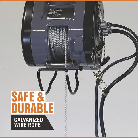 Bannon Compact Electric Cable Hoist 1100 Lb Capacity 95ft Lift with galvanized wire rope and hooks for safe operation.
