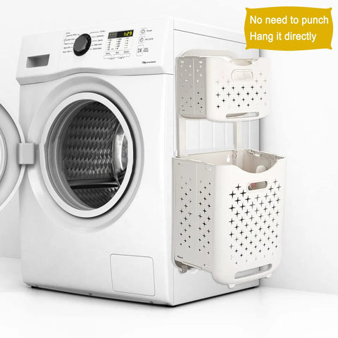 Collapsible Wall Hanging Laundry Baskets Space Saver Duo Set With Hidden Pull Rod on washing machine, white hampers