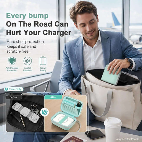 Hard Travel Case For Foldable 3 In 1 Wireless Charging Station Heavy Duty Protective Pouch being placed in a bag.