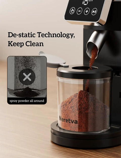 Premium Rock Solid Professional Conical Burr Coffee Grinder With Rust Proof Stainless Steel Body showing de-static technology and coffee grounds.