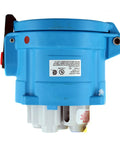 Kickass Heavy Duty Industrial Receptacle With Integrated Switch, IEC 60309 Compliant Power Socket, top view of blue electrical outlet.
