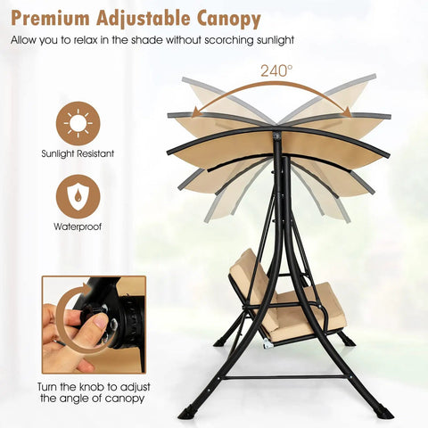 Three Person Porch Swing With Removable Cushions, Solid Steel Frame, Outdoor Patio Swing With Adjustable Canopy For Garden