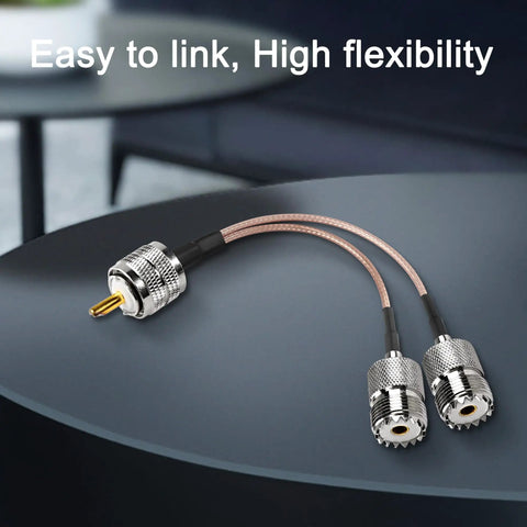 UHF Male To Dual UHF Female Splitter Cable PL 259 To SO239 Coax RG316 For Ham Radio Gear, displayed on a dark surface