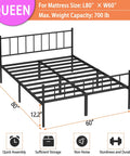 Tough Built Queen Metal Bed Frame With Steel Slat Support Zero Squeak Design Easy As Pie Assembly And Tons Of Under Bed Storage For Anyone Demanding Maximum Comfort, showing dimensions and sturdy support.