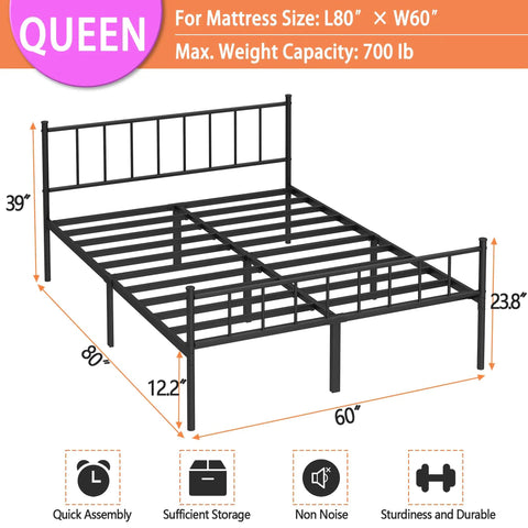 Tough Built Queen Metal Bed Frame With Steel Slat Support Zero Squeak Design Easy As Pie Assembly And Tons Of Under Bed Storage For Anyone Demanding Maximum Comfort, showing dimensions and sturdy support.