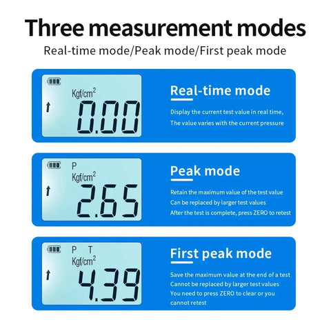 Screen showing three measurement modes for Top Shelf Portable Digital Fruit Hardness Tester And Penetrometer with Kgf/cm2 readouts.
