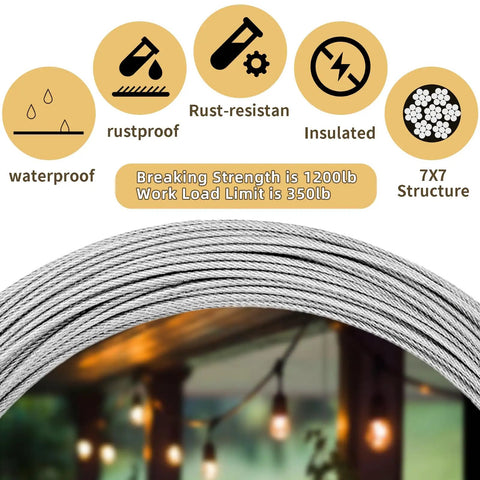 Close-up of One Eighth Inch Wire Rope Kit With 300 Ft Vinyl Coated Stainless Steel 7x7 Cable showing durability features.