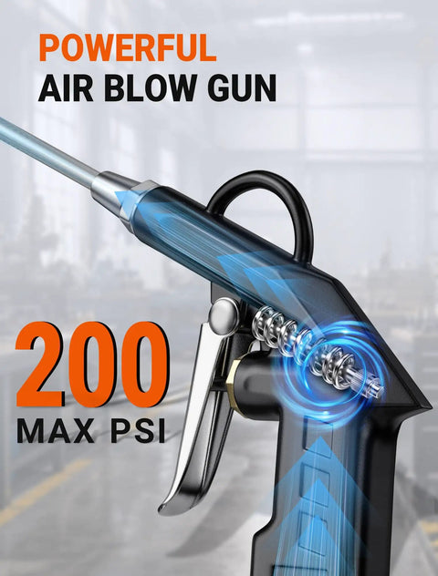 Heavy Duty Industrial Air Blow Gun With One Steel Extension Tube For Tight Squeeze Spots All Metal Construction uses a quarter inch NPT quick connect.