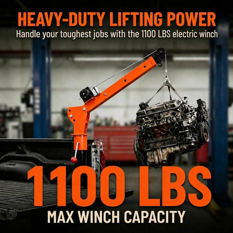 Foldable Electric Pickup Truck Crane With 3500 Pound Load Rating And Rock Solid Alloy Steel Build lifting an 1100 lbs engine in a garage.
